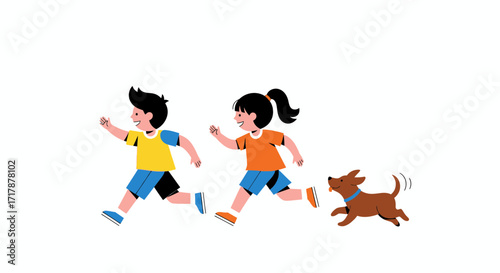 Joyful Children And Playful Dog Running Freely Together In Vector Illustration