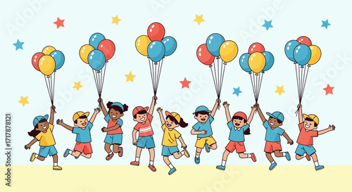 Joyful Children Celebrate With Balloons, A Cheerful Illustration Of Freedom, Fun And Laughter
