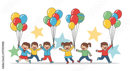Joyful Children Celebrating With Colorful Helium Balloons At A Festive Celebration
