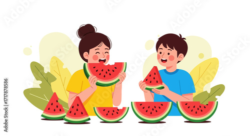 Joyful Children Enjoying Watermelon Slices During A Playful Summer Afternoon