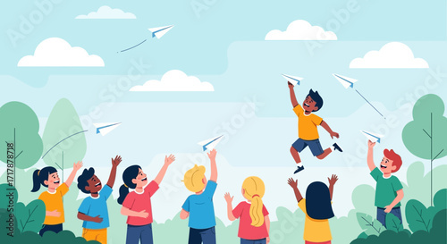 Joyful Children Launching Paper Airplanes in a Beautiful Bright Sky and Park Setting