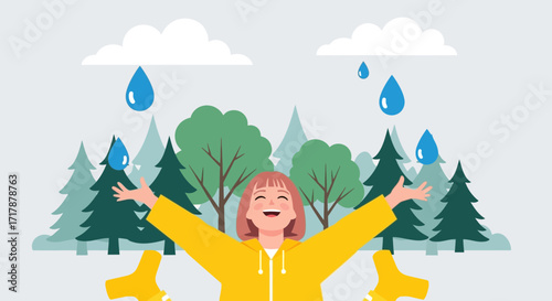 Joyful Forest Encounter Showcasing A Woman's Delight In Outdoor Weather Elements
