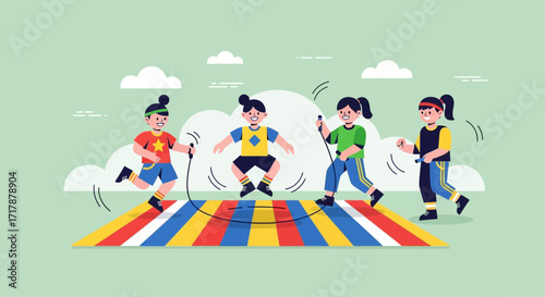 Joyful Children Playing And Skipping Rope In Colorful Outdoor Activity
