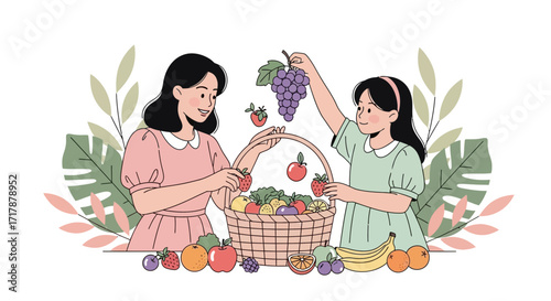 Joyful Gathering: A Mother And Daughter Harvest Fresh Fruits Together, Illustrating Abundance And