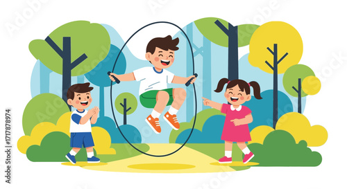 Joyful Children Playing Jump Rope And Having Outdoors Fun In Green Summer Park