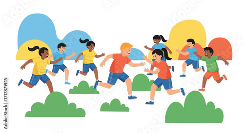 Joyful Children Running Outdoors: A Colorful Illustration of Playful Group Movement