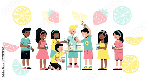 Joyful Children Serving Refreshing Drinks And Sharing Friendship Together