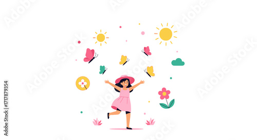 Joyful Girl Plays Happily While Dancing With Colorful Butterflies And Nature In The Background