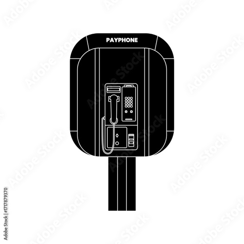 Bold black fill vector of a payphone, retro 1990s communication device in minimalist silhouette design.
