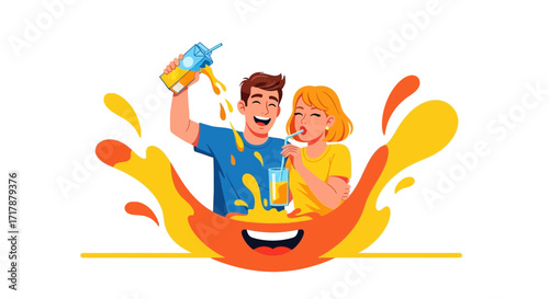 Joyful Couple Sharing Refreshment And Celebrating With Delicious Citrus Juice