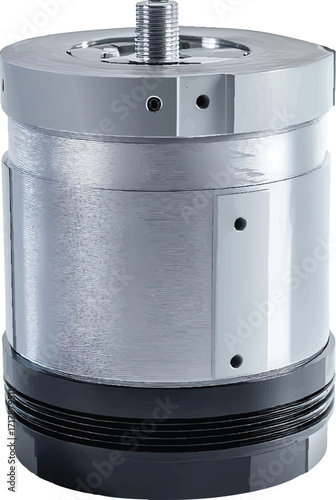 Detailed industrial cylindrical motor with silver metallic finish and black base engine cylinder