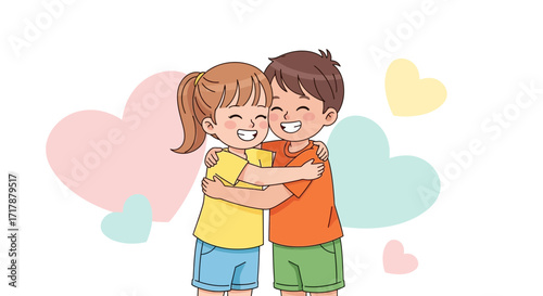 Joyful Embrace Depicting Childlike Affection And Heartfelt Connection With Pastel Elements