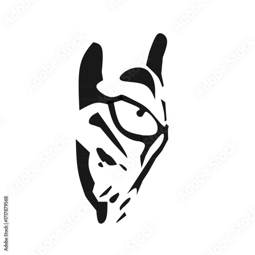 A fierce black silhouette of a stylized face, resembling a tribal fox or wolf mask, with sharp lines and an aggressive expression.