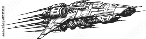 Futuristic spaceship illustration, sci-fi starship design, detailed space fighter vector artwork for fantasy, interstellar travel, cosmic exploration, galactic battle projects