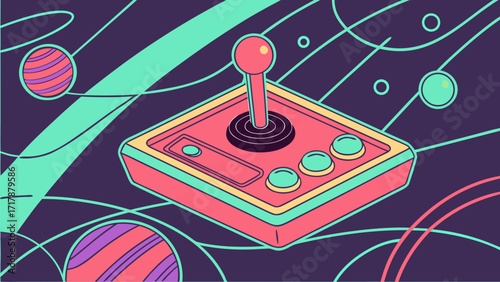 Retro arcade gaming illustration with joystick and planets for vintage game design and space themed art