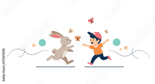 Joyful Encounter Between Boy and Bunny Amidst Fluttering Butterflies Illustration