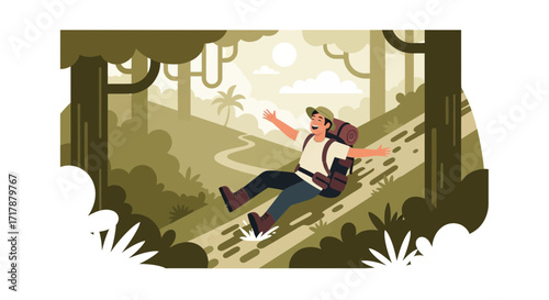 Joyful Hiker Sliding Downhill in a Forest Enjoying the Thrill of The Adventure