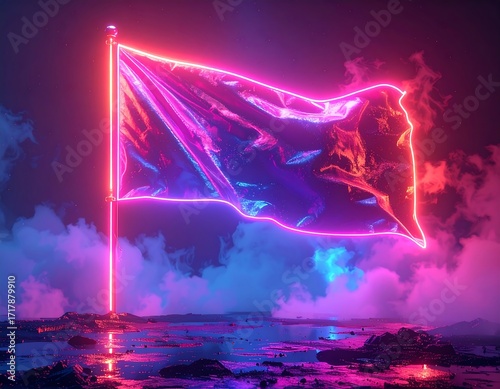 Neon flag in a futuristic landscape