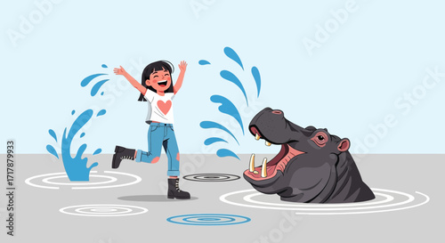 Joyful Interaction Between a Cheerful Young Girl and Playful, Animated Hippo