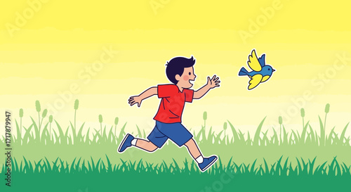 Joyful Kid Chasing A Bird In A Sunny Field, With Playful And Vibrant Colors