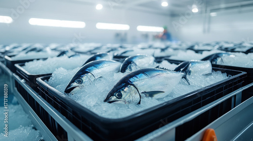 Tuna Factory, Freshly caught tuna stacked in a cold storage room for preservation and display.