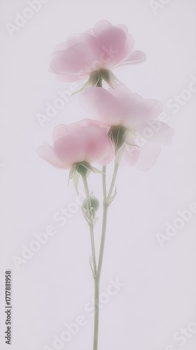 Delicate wild rose flowers with soft pink petals against a white background create a minimalist and serene atmosphere
