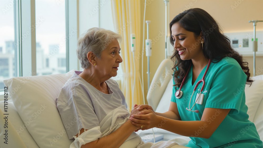 Obraz premium Healthcare nurse comforting senior patient shows mental health support reducing stigma with caring touch and smile