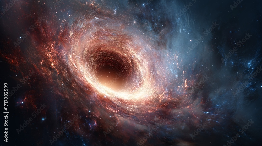Obraz premium Black hole in outer space with glowing spiral disk and stars. Concept of astronomy, astrophysics, cosmos, galaxy, universe, gravity, mystery, science, exploration, cosmology and cosmic background.
