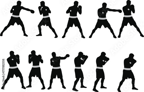 Boxing silhouette poses collection with fighters in action, training, punching, defense, sparring, martial arts, combat sports, workout, competition