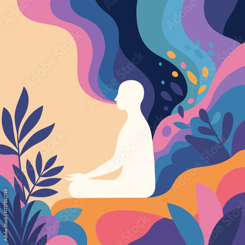 ChatGPT đã nói:

Meditating person silhouette with abstract colorful background in flat vector style, minimalist peaceful scene with flowing shapes and tropical leaves, modern spiritual and mindfulnes
