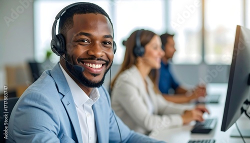 Smiling Black man wearing headset, working in a call center alongside two colleagues at computers. Focused faces convey professional communication