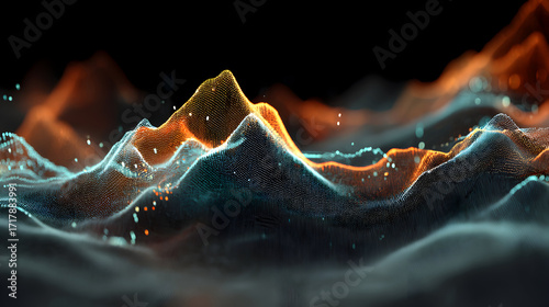 Abstract digital rendering of a mountainous landscape with glowing colors.
