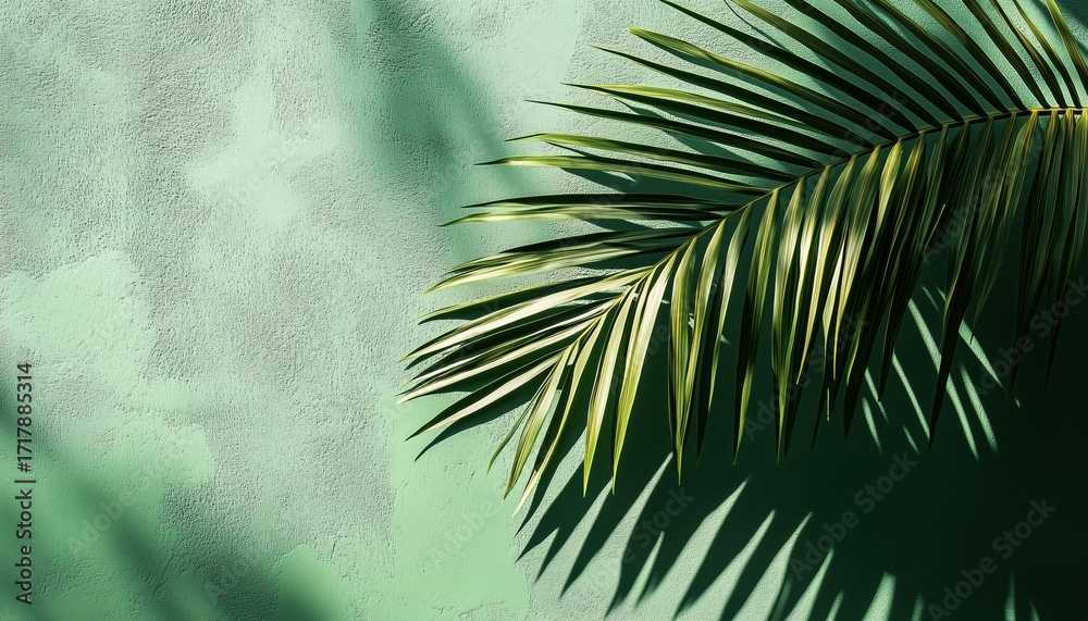 Fototapeta premium Stylish Olive Palm Leaf Casting Shadows On A Green Wall, Enhanced By Trendy Design And Sunlight Effect.