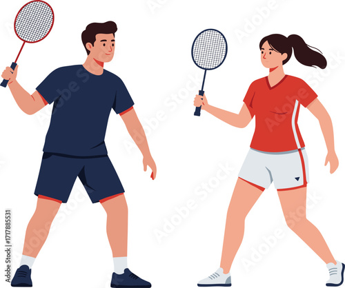Badminton players in action, red and navy outfits, racket grip, athletic stance, fast-paced sport, motion, training, competition, focus, coordination