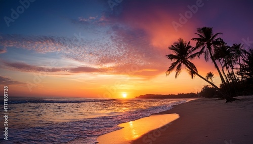 Stunning Sunset Over A Tranquil Beach With Palm Trees Silhouetted Against A Colorful Sky