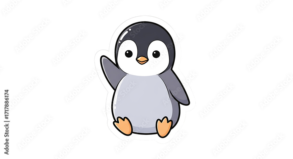 Naklejka premium Adorable cartoon baby penguin waving hello with a friendly smile and cute big eyes isolated on a black background