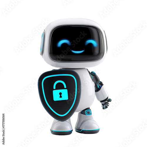 A cute, cheerful robot, 3D ai character, demonstrates concepts of cybersecurity and data protection, insurance coverage, and safety. GPT chatbot icon. Transparent background, PNG