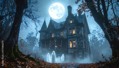 Spooky mansion at night