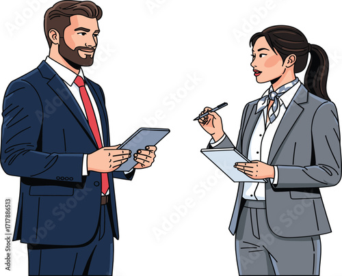 Business professionals in discussion, tablet and clipboard, formal suits, interview or meeting scene, collaboration, communication, workplace, animated illustration