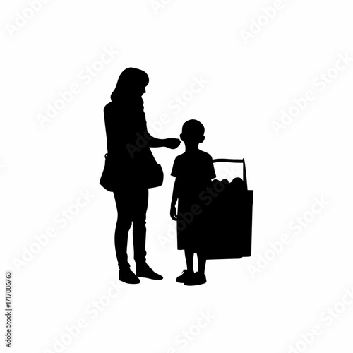 Silhouette of mother buying street food while son waits beside her isolated on white background