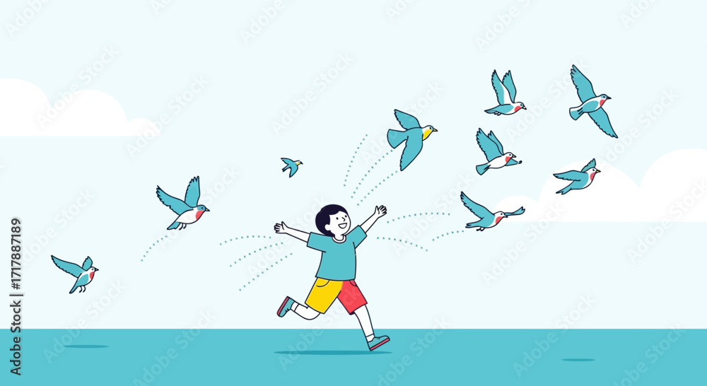 Fototapeta premium Joyful Kid Running In Pursuit, Watching Birds Taking Flight Towards The Sky Together