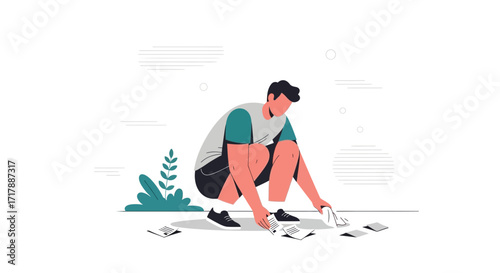 Man Collecting Documents Cartoon Illustration Conceptualizing Organization and Efficiency
