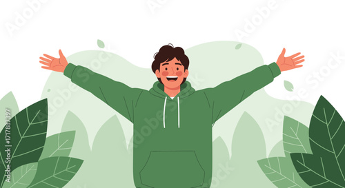 Joyful Man Embraces Nature, Expressing Freedom, Happiness, and Blissful Tranquility