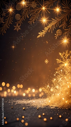 Golden Christmas Background With Sparkling Lights Glowing Tree Decorations And Festive Holiday Celebration