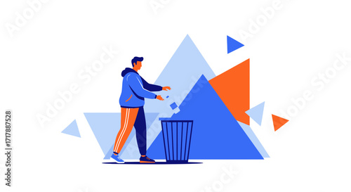 Man Discarding Paper Into Trash Bin, Geometric Shapes Background, Clean Environment Concept