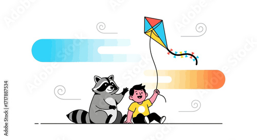 Joyful Moment: A Kid and a Raccoon Enjoying a Kite on a Cloud-Filled Day