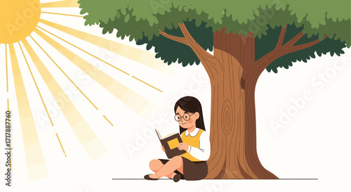 Joyful Person Reading A Book Under A Shady Tree With Sunlight Shining Brightly