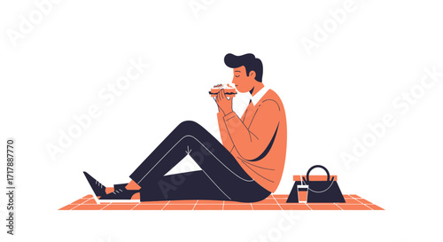 Man Enjoying Sandwich Outdoors With His Picnic, A Moment of Solitude and Pleasure