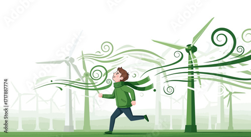 Joyful Person Runs Towards Wind Turbines Demonstrating Energy And Environmental Awareness