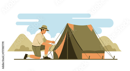 Man Erecting Camping Tent Amidst Mountains For Outdoor Recreational Adventure